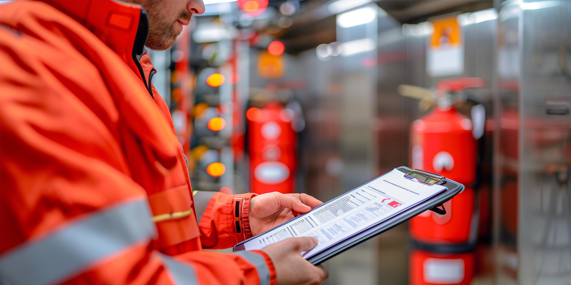 Die Brandschutzunterweisung wird an den Feuerlöschern im Betrieb durchgeführt. © Adobe Stock, sattawat