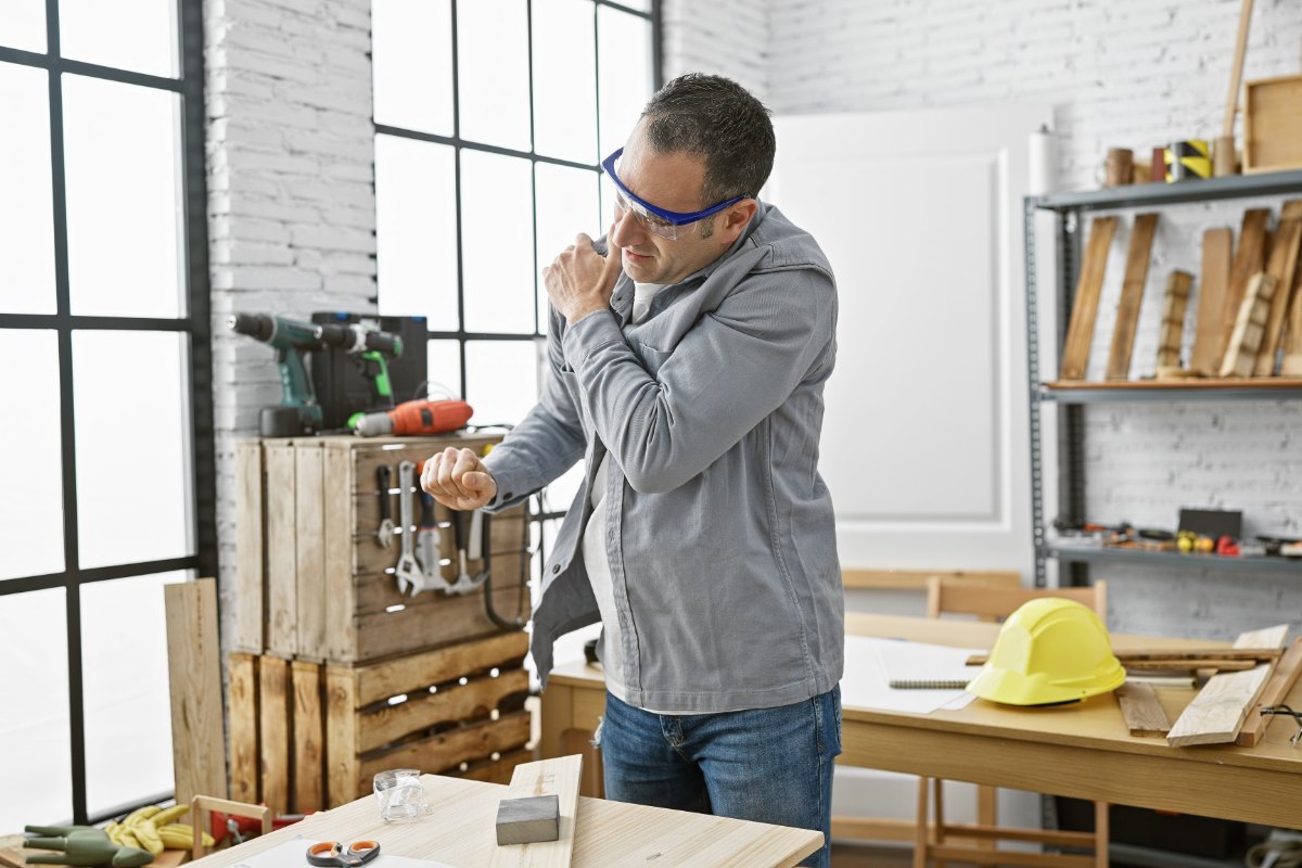 Ein Arbeitnehmer erleidet Schulterschmerzen während seiner beruflichen Tätigkeit im Handwerksbetrieb. © Adobe Stock, Krakenimages.com